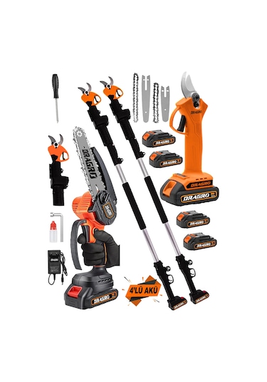 Dragro Alman DRG-598 VF 20 AH 2'li Set 4 Akülü Çift Teleskop Şarjlı Ağaç Dal Kesme Budama Makinesi