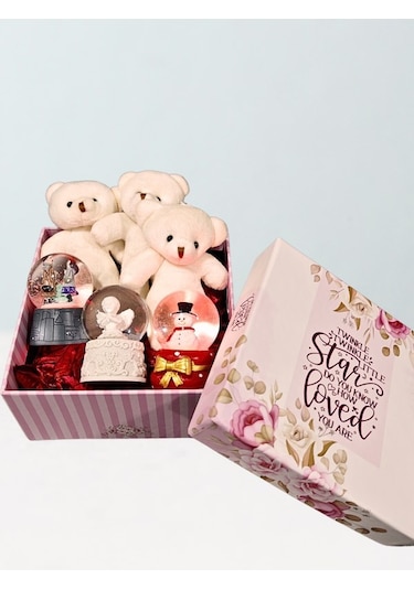 Özel Kutu İçinde 3 Adet Işıklı Mini Küre Ve Yavru Ayıcıklar Hediye Kutusu