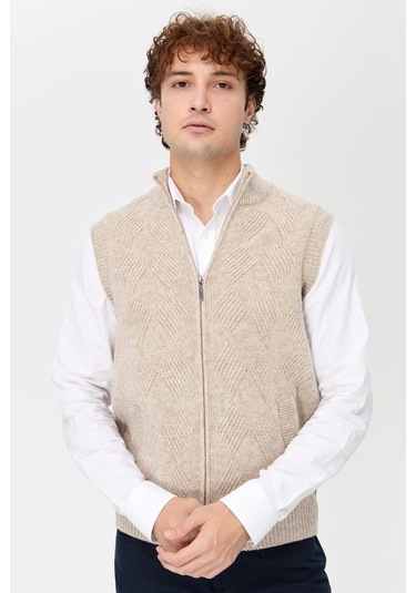 Erkek Dik Yaka Baklava Desenli Yün Yelek V.bej V.bej