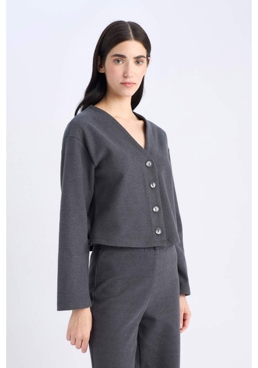 DeFacto 2'li Takım V Yaka Düğmeli Hırka Esnek Belli Geniş Paça Pantolon E9859AX24WNAR148