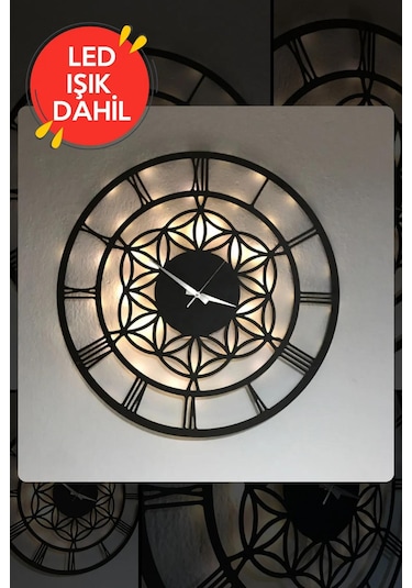 Led Işıklı Çiçek Duvar Saati Sessiz Dekoratif Modern Siyah Ahşap Siyah