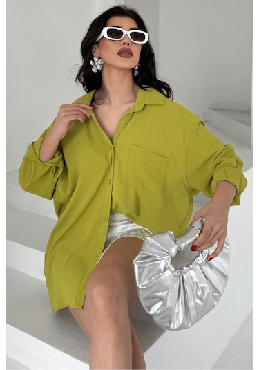 Paw Garage Kadın Perla Olive Tek Cepli Oversize Gömlek, Geniş Kalıp Gömlek, Ayrobin Gömlek Yeşil