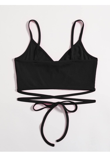 V Yaka Askılı İpli Siyah Renk Fitilli Super Crop Top Büstiyer Siyah