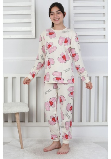 Tangled Hearts Desenli Kız Çocuk Pijama Takımı 8-13 Ekru