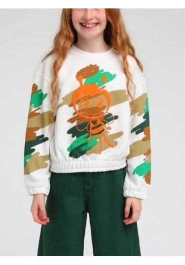 Kız Çocuk Arı Maya Baskılı Kamuflaj Sweatshirt-13654 Beyaz