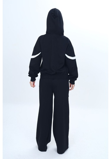 Kız Çocuk %100 Pamuk Garnili Kapüşonlu Fermuarlı Oversize Alt&üst Trend Eşofman Takımı-315-eşt-0003 Siyah