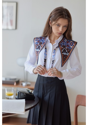 Walkenzo Bohem Stil Etnik Desenli Kadın Omuz Şalı Mavi