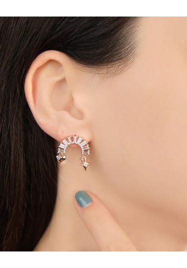 Lekka Design Kadın Kararmaz Çelik Lüks Takı Sallanan Yıldız Ve Kalpli Zirkon Taşlı Küpe Altın