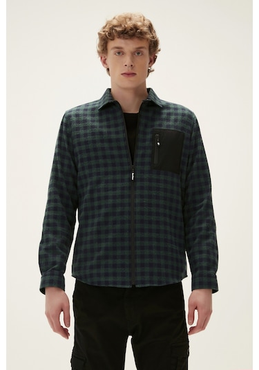 Liam Shirt Forest Yeşil Kareli Fermuarlı Erkek Gömlek-Koyu Yeşil