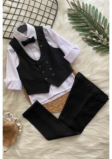 Katlama Detay Yelekli Rozetli Çocuk Takım Elbise Siyah