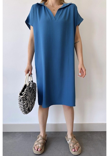 Kadın İndigo Kısa Kol, Polo Yaka, Dokulu Desen, Basic Kalıp/kesim, Aerobin Rahat Midi Elbise Indigo