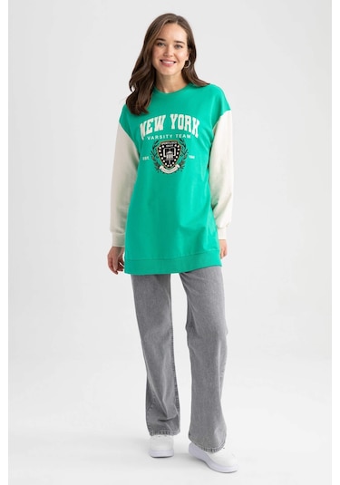 Defacto Relax Fit Bisiklet Yaka Üniversite Baskılı Sweatshirt Tunik Z2073AZ23SPGN227 Yeşil