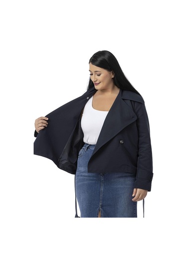 Büyük Beden Mono Yaka Kemerli Astarlı Kısa Lacivert Trençkot Lacivert