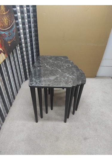 4 Lü Mdf Lam Ahşap Zigon Sehpa Siyah Mermer