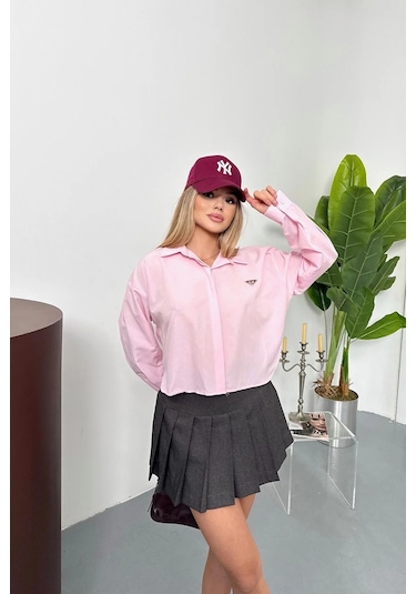 Jee Lee Kadın Uzun Kollu Aksesuar Detaylı Crop Gömlek Pembe - 26y 2126 Pembe