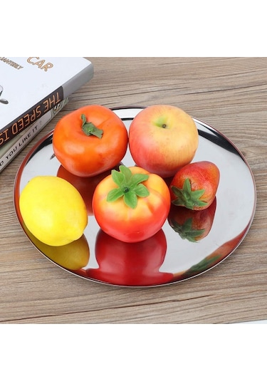 Tepsi 28 Cm Paslanmaz Çelik Yuvarlak Gümüş Saklama Tepsisi Sabit Düz Tabanlı Kaymaz Kolay Yıkanabilir Gıda Tepsisi