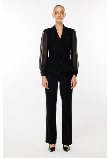 Moda İlgi Kadın Boncuk Detaylı Kısa Ceket T07527 Siyah Siyah