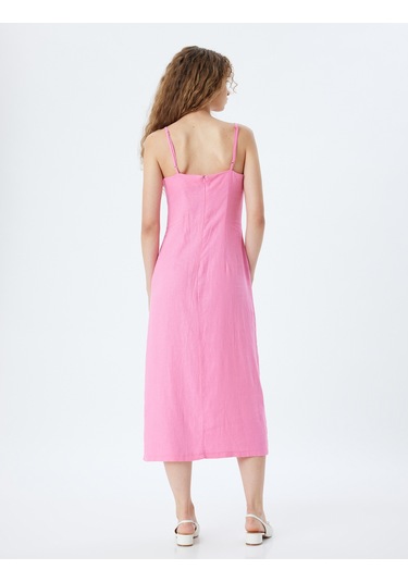 Koton Uzun Elbise Keten Karışımlı Askılı Yırtmaçlı Önü Bağlamalı Pembe 4sal80043ıw Gül