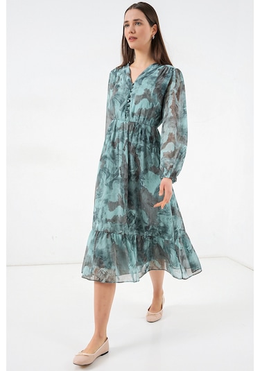 Bigdart 2137 Desenli Şifon Elbise - Mint Yeşili