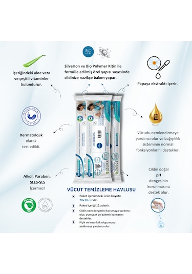 Gümüş İyonlu Kremli Vücut Temizleme Havlusu 12 Li X 3 Paket 36 Adet