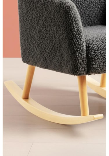 Loop Sallanan Sandalye Ve Puf Seti Antrasit Teddy Kumaş Ahşap Ayaklı Berjer - Sallanan Koltuk Puf Antrasit