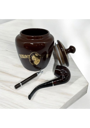 Sherlock Holmes El Yapımı Seramik Pipo Tutun Kavanozu Kahve Large