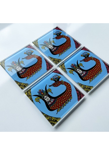 Cam Bardak Altlığı Klasik Şahmeran 4'lü Takım 10cm X 10cm Beyaz