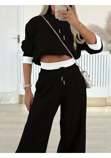 S-pazarım Kadın Uzun Kollu Kapşonlu Viskon Iki Iplik Bluz Ve Pantolon Ikili Takım Siyah