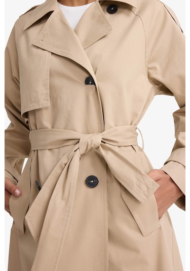 Defacto Regular Fit Pamuklu Kemerli Uzun Trençkot E8595ax25aubg501 Bej