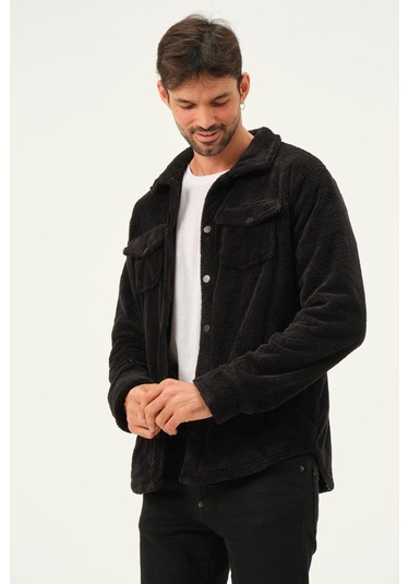 Erkek Çıt Çıt Detaylı Cepli Peluş Ceket Siyah