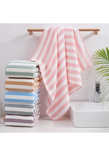 Vkemall Pembe Geniş Çizgili Mikrofiber Havlu Seti - Yumuşak, Suyu Hızlı Emici, Banyo/plaj İçin 35x75 Cm + 70x140 Cm 2 M