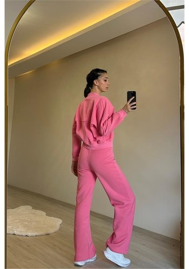 Neşeli Butik Kadın Fermuarlı Oversize Sweat Ve Yüksek Bel Eşofman Takımı Nm018 Pembe