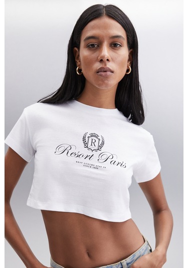 MORAN  Kadın %100 Pamuk Beyaz - Siyah Baskılı T-Shirt