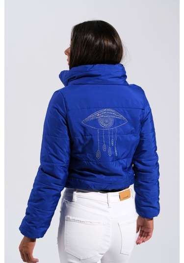 Kadın Saks Mavi Sırtı Taş Baskılı Dik Yaka Kısa Şişme Mont-saks Mavi Saks Mavi