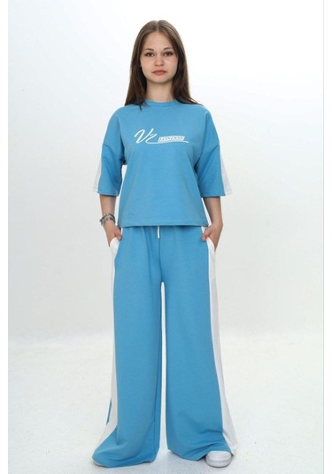 Kız Çocuk %100 Pamuk London Baskılı Oversize Garnili Truvakal Kollu Eşofman Takımı-293-eşt-0010 Turkuaz