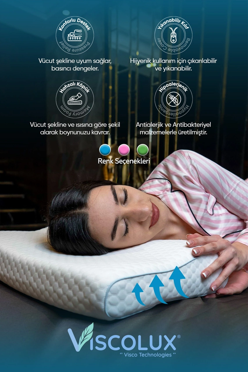 Medium Boy Ortopedik Yastık - Boyun Destekli Visco Yastık 56x36x11/7 Mavi