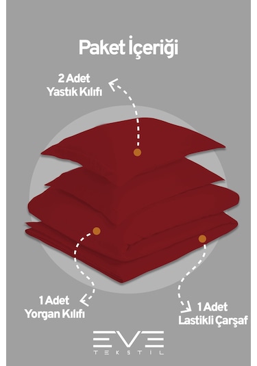 Eve Tekstil %100 Pamuk Ranforce Çarşaflı Yastık Ve Yorgan Kılıflı Çift Kişilik Nevresim Takımı 200x220 Cm Bordo