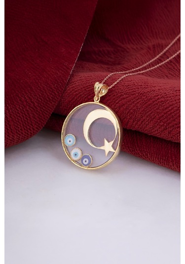 925 Ayar Gümüş Altın Kaplama Ayyıldız Çerçeve Bayan Kolye - 50 CM