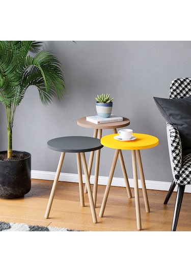 İntergo Renkli Üçlü Zigon Sehpa Ahşap Ayaklı Yuvarlak Pastel Tasarım Cappuccino-Gri-Sarı