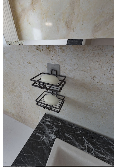 Eva Metal Tasarim Yapışkanlı Banyo Mutfak Lavabo Metal Katı Sabunluk 2'li Set Siyah