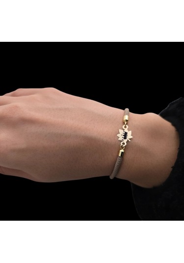 Krallık Tacı Temalı 14 Ayar Altın Plakalı Dikdörtgenli Örgülü Hediye Bileklik-331sembol-kahverengi Altın