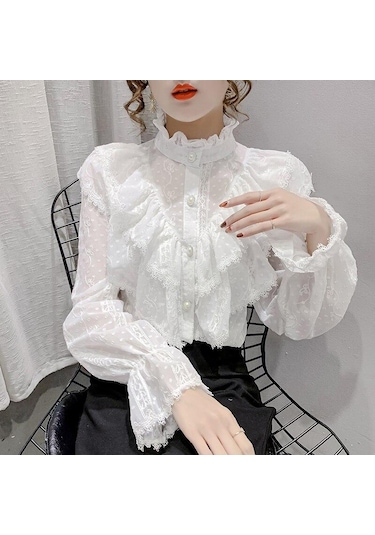 Moda Fırfır Vintage Bluz Kadınlar Zarif Uzun Kollu Dantel Gömlek Gevşek Şifon Gömlek Standı Yaka Pilili Blusas Tops 15832 Beyaz