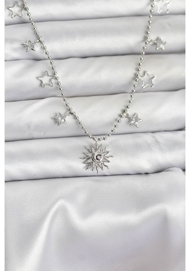 Pirinç Gümüş Renk Güneş Model Kadın Kolye Renkli