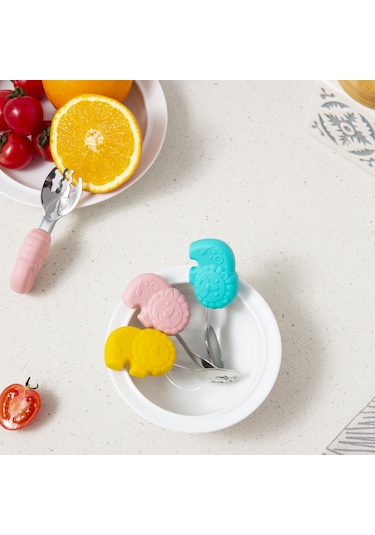 Teltree Çocuklar İçin Aslan Tutamaklı Paslanmaz Çelik Kaşık Ve Çatal Seti - Pembe Renk, Taşıma Kutusu Dahil Pembe