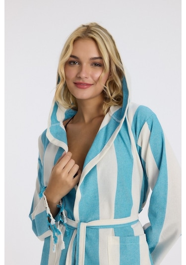 Mulberry Striped Peştemal Bornoz Banyo Ve Plaj Elbisesi Mavi