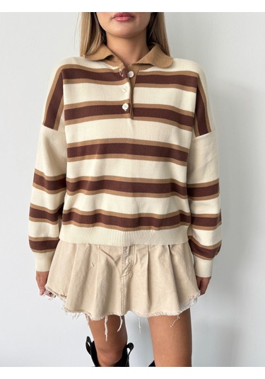 Kadın Polo Yaka Çizgili Triko Kazak Bej