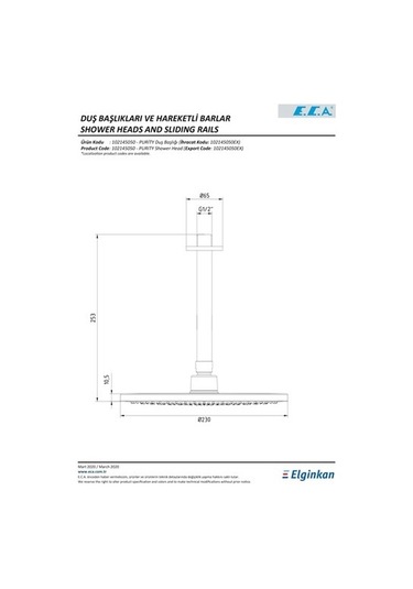 Eca Purity 1021450 Tavandan Oval Borulu Ankastre Tepe Duş Başlığı Krom
