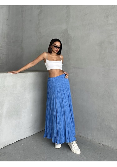 Kadın Buruşuk Modal Dokulu Soft Uzun Etek Mavi