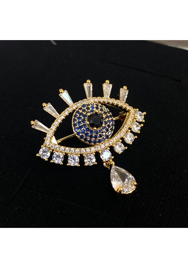Broş Kadın Zirkon Taşlı Nazar Göz Broş Gözyaşı Yaka İğnesi Gold