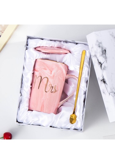 Tenfowee Ev Kullanıma Uygun Nikah/yıl Dönümü Hediyesi 2'li Seri: Siyah Ve Pembe Harf Desenli Seramik Bardak, Kapak Ve Kaşık İçeren Sürekli Kullanılabilir Set Gri